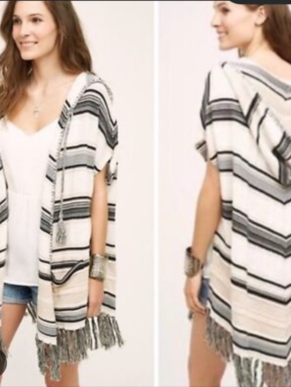 441-Moth Anthropologie Cream, Navy & Gray Striped Hooded Cardigan Oversize